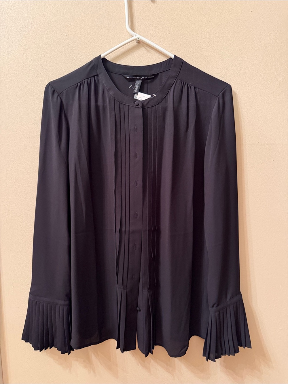White House Black Market Black Pintuck Button-Down Blouse with Pleated Cuffs